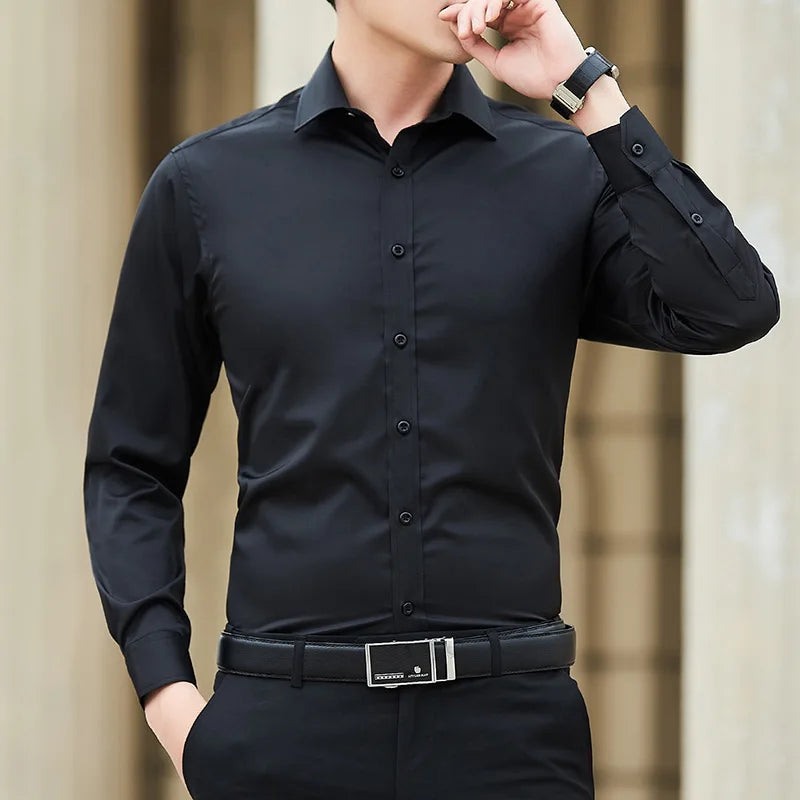 New Plus Size Men Solid Color Business Shirt Fashion Classic Basic Casual Slim White Long Sleeve Shirt Brand Clothes Quick Pick Grocers